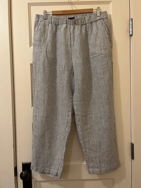 Quince • 100% European Linen Cropped Pants • Blue Pinstripe • Size L